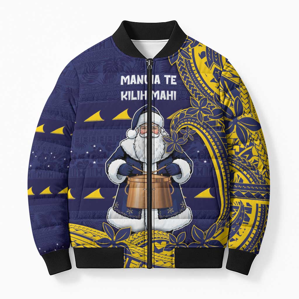 Tokelau Christmas Bomber Puffer Jacket Santa With Tuluma Xmas Tribal Waves DT05 Unisex Navy - Polynesian Pride