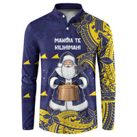 Tokelau Christmas Button Sweatshirt Santa With Tuluma Xmas Tribal Waves DT05 Navy - Polynesian Pride