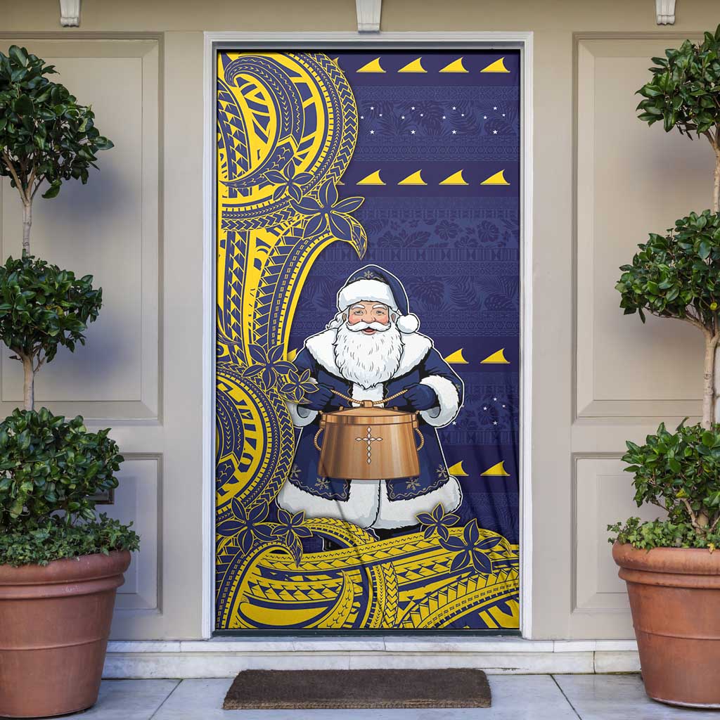 Tokelau Christmas Door Cover Santa With Tuluma Xmas Tribal Waves DT05 Navy - Polynesian Pride