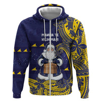 Tokelau Christmas Hoodie Santa With Tuluma Xmas Tribal Waves DT05 Zip Hoodie Navy - Polynesian Pride