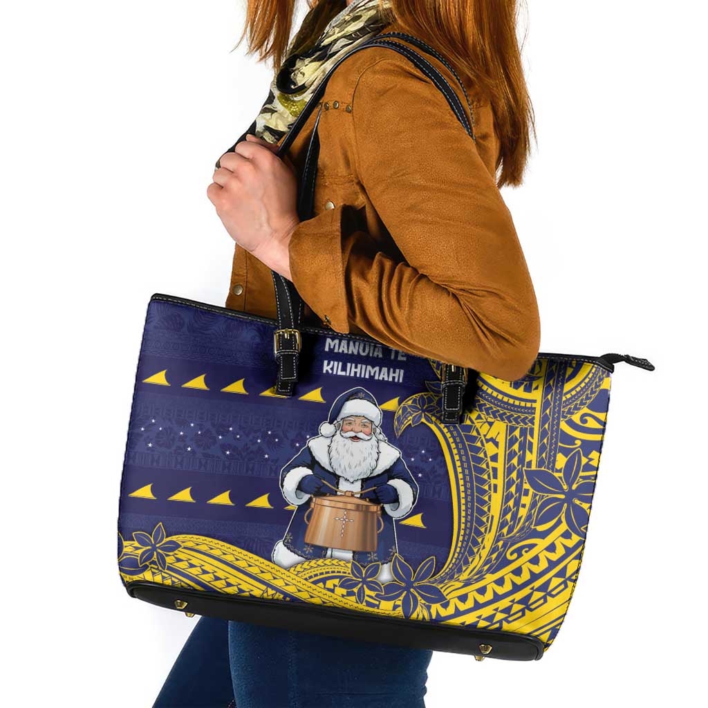 Tokelau Christmas Leather Tote Bag Santa With Tuluma Xmas Tribal Waves DT05 Navy - Polynesian Pride