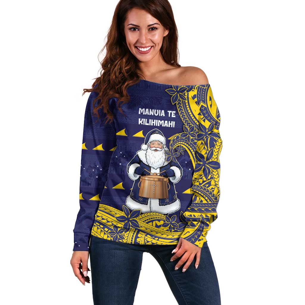 Tokelau Christmas Off Shoulder Sweater Santa With Tuluma Xmas Tribal Waves DT05 Women Navy - Polynesian Pride