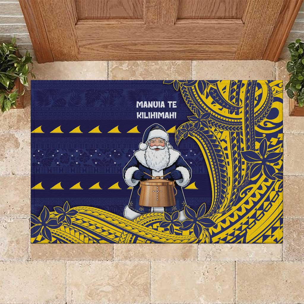 Tokelau Christmas Rubber Doormat Santa With Tuluma Xmas Tribal Waves DT05 Navy - Polynesian Pride