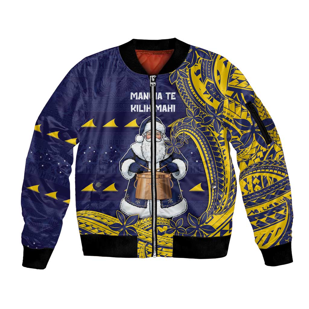 Tokelau Christmas Sleeve Zip Bomber Jacket Santa With Tuluma Xmas Tribal Waves DT05 Unisex Navy - Polynesian Pride