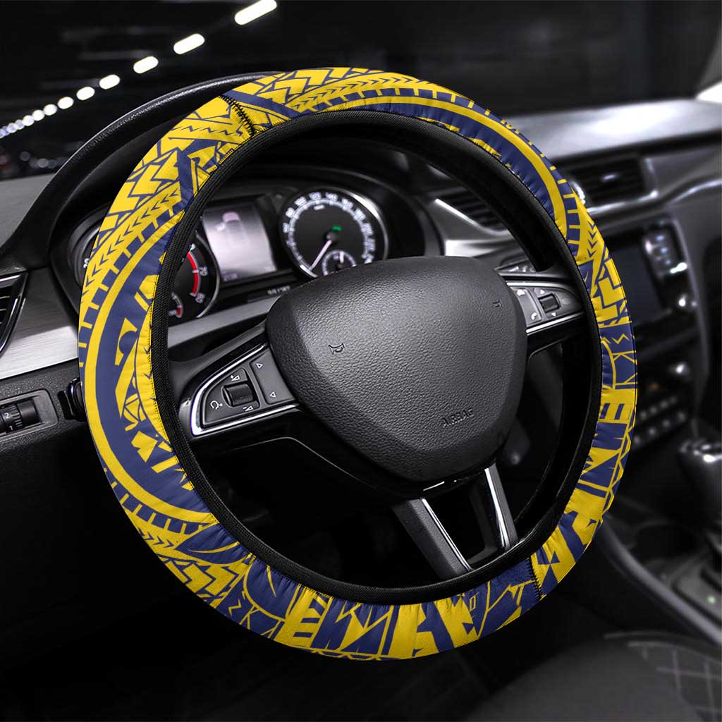 Tokelau Christmas Steering Wheel Cover Santa With Tuluma Xmas Tribal Waves DT05 Universal Fit Navy - Polynesian Pride
