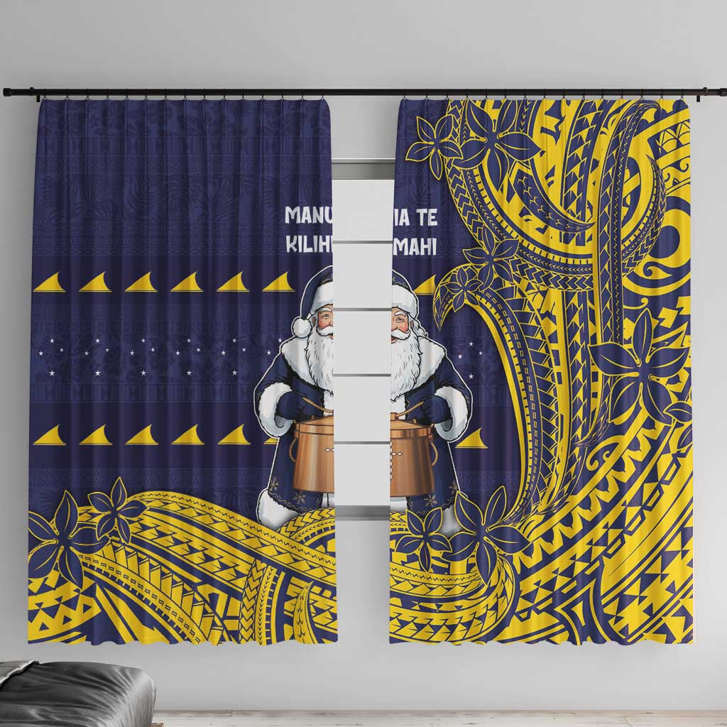 Tokelau Christmas Window Curtain Santa With Tuluma Xmas Tribal Waves DT05 With Hooks Navy - Polynesian Pride