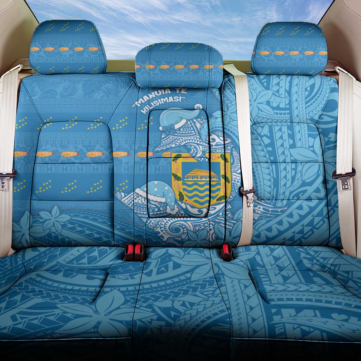 Tuvalu Christmas Back Car Seat Cover Dolphins Santa Xmas Tribal Waves DT05 One Size Blue - Polynesian Pride