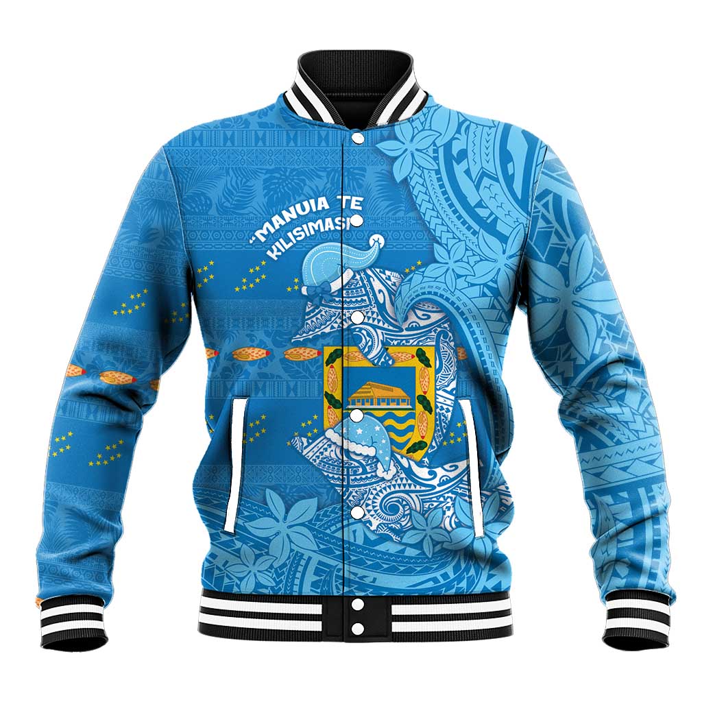 Tuvalu Christmas Baseball Jacket Dolphins Santa Xmas Tribal Waves DT05 Unisex Blue - Polynesian Pride