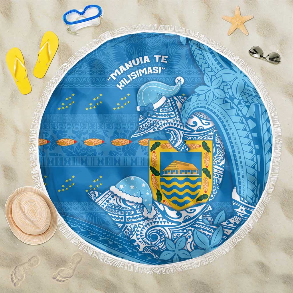 Tuvalu Christmas Beach Blanket Dolphins Santa Xmas Tribal Waves DT05 One Size 150cm Blue - Polynesian Pride
