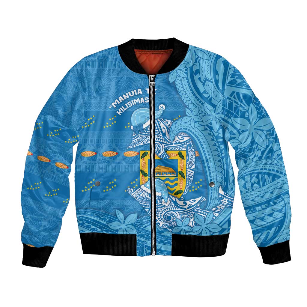 Tuvalu Christmas Bomber Jacket Dolphins Santa Xmas Tribal Waves DT05 Unisex Blue - Polynesian Pride