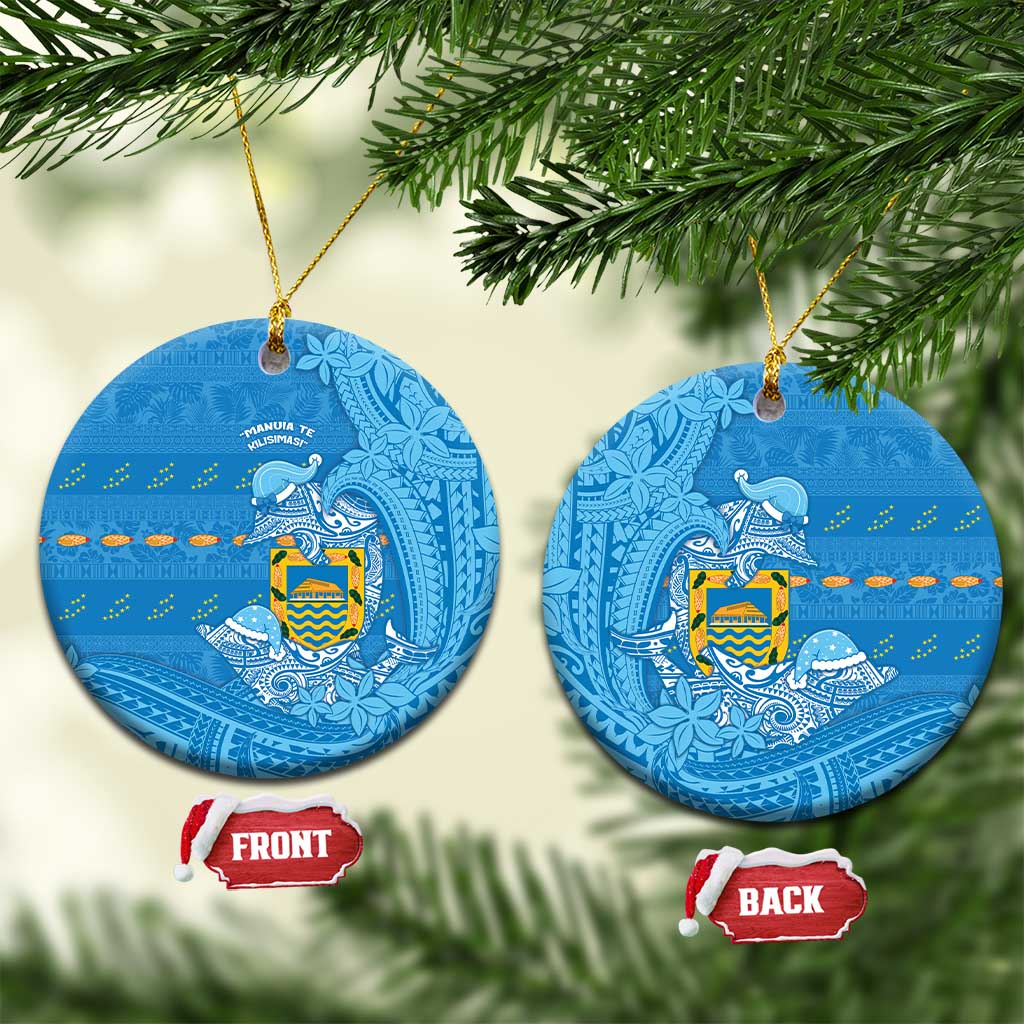 Tuvalu Christmas Ceramic Ornament Dolphins Santa Xmas Tribal Waves DT05 Circle Blue - Polynesian Pride