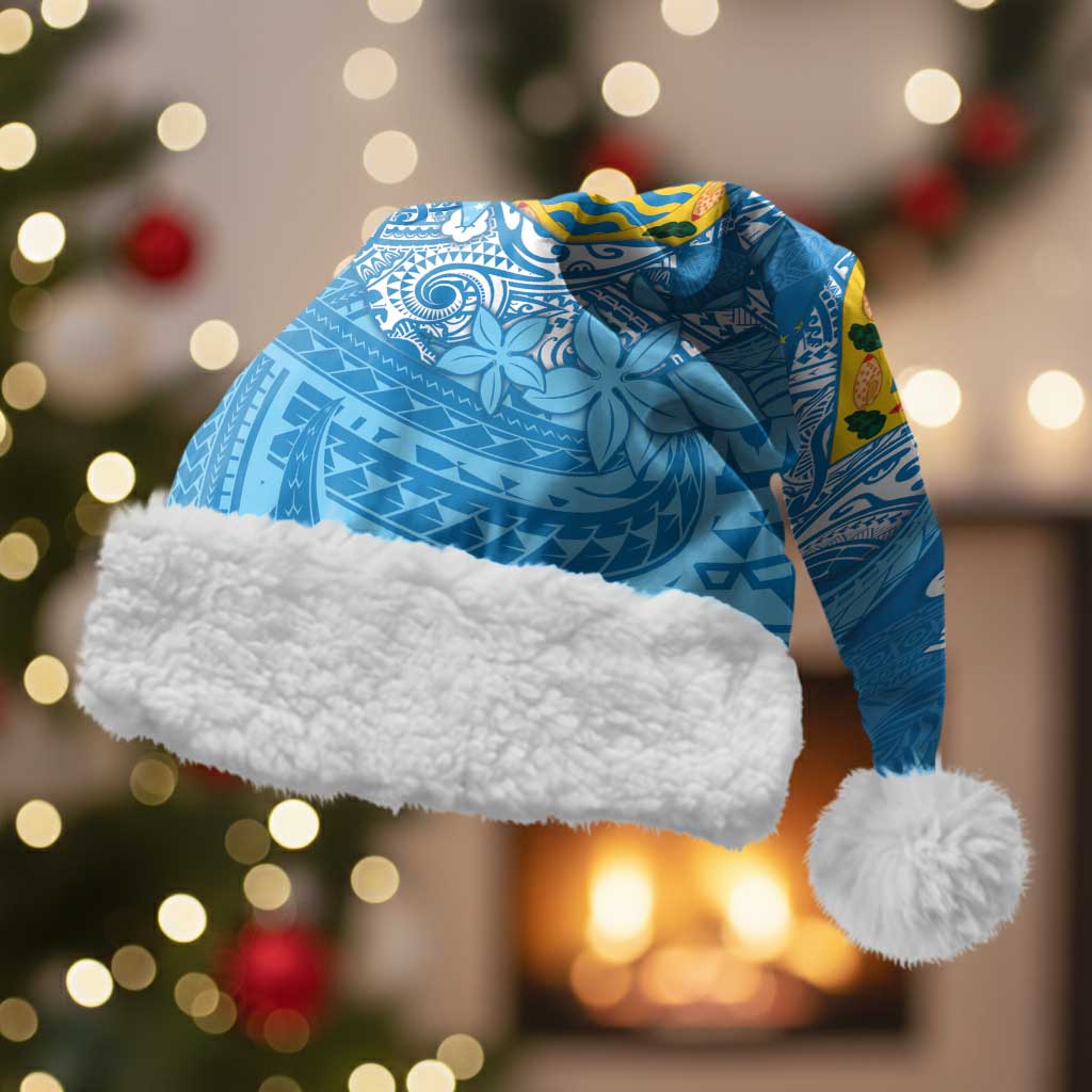 Tuvalu Christmas Santa Hat Dolphins Santa Xmas Tribal Waves DT05 With Fur Blue - Polynesian Pride