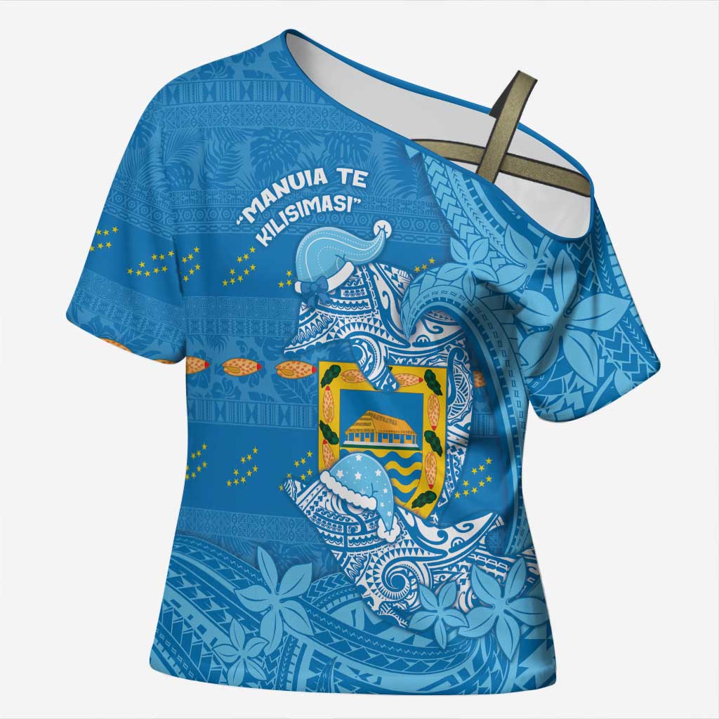 Tuvalu Christmas Cross Shoulder Shirt Dolphins Santa Xmas Tribal Waves DT05 Female Blue - Polynesian Pride