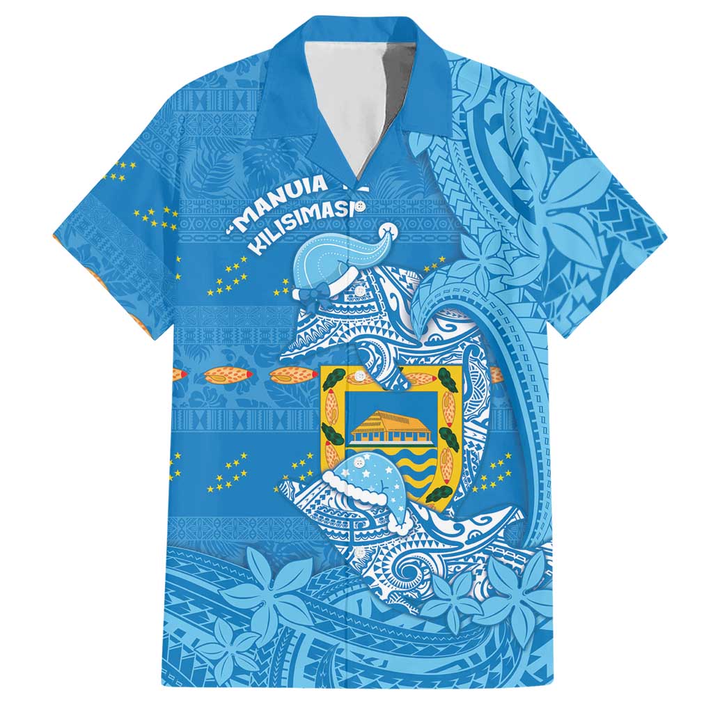 Tuvalu Christmas Hawaiian Shirt Dolphins Santa Xmas Tribal Waves DT05 Blue - Polynesian Pride