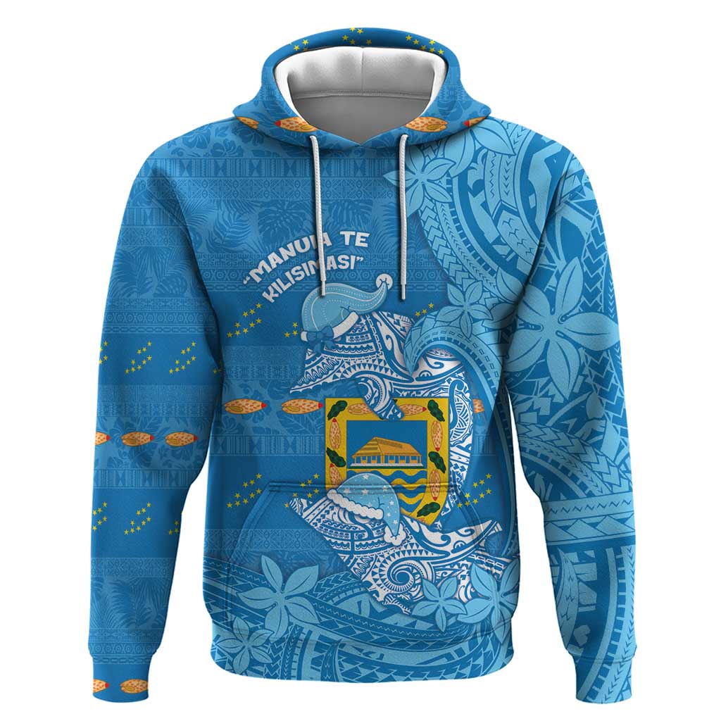 Tuvalu Christmas Hoodie Dolphins Santa Xmas Tribal Waves DT05 Pullover Hoodie Blue - Polynesian Pride
