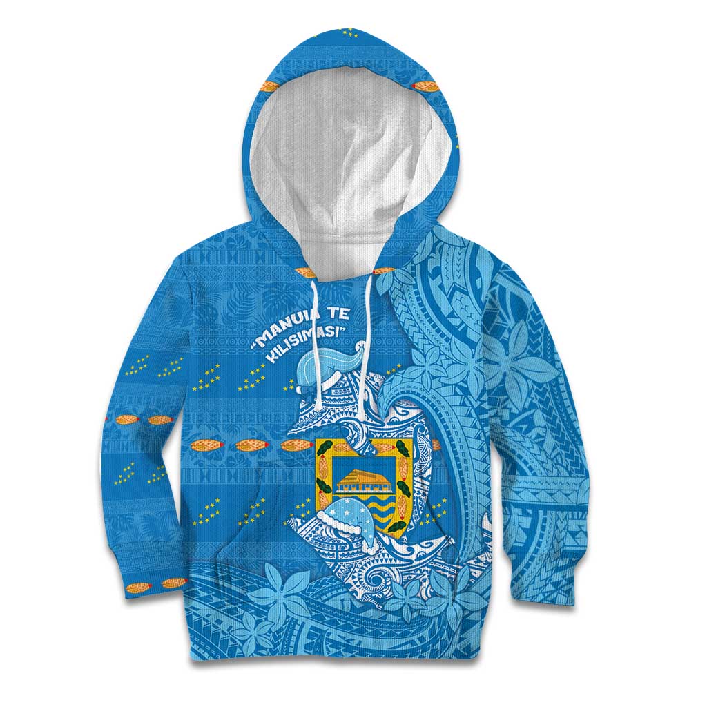 Tuvalu Christmas Kid Hoodie Dolphins Santa Xmas Tribal Waves DT05 Hoodie Blue - Polynesian Pride