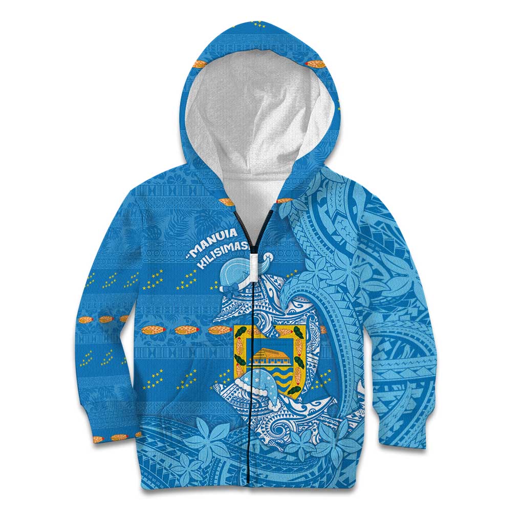 Tuvalu Christmas Kid Hoodie Dolphins Santa Xmas Tribal Waves DT05 Zip Hoodie Blue - Polynesian Pride