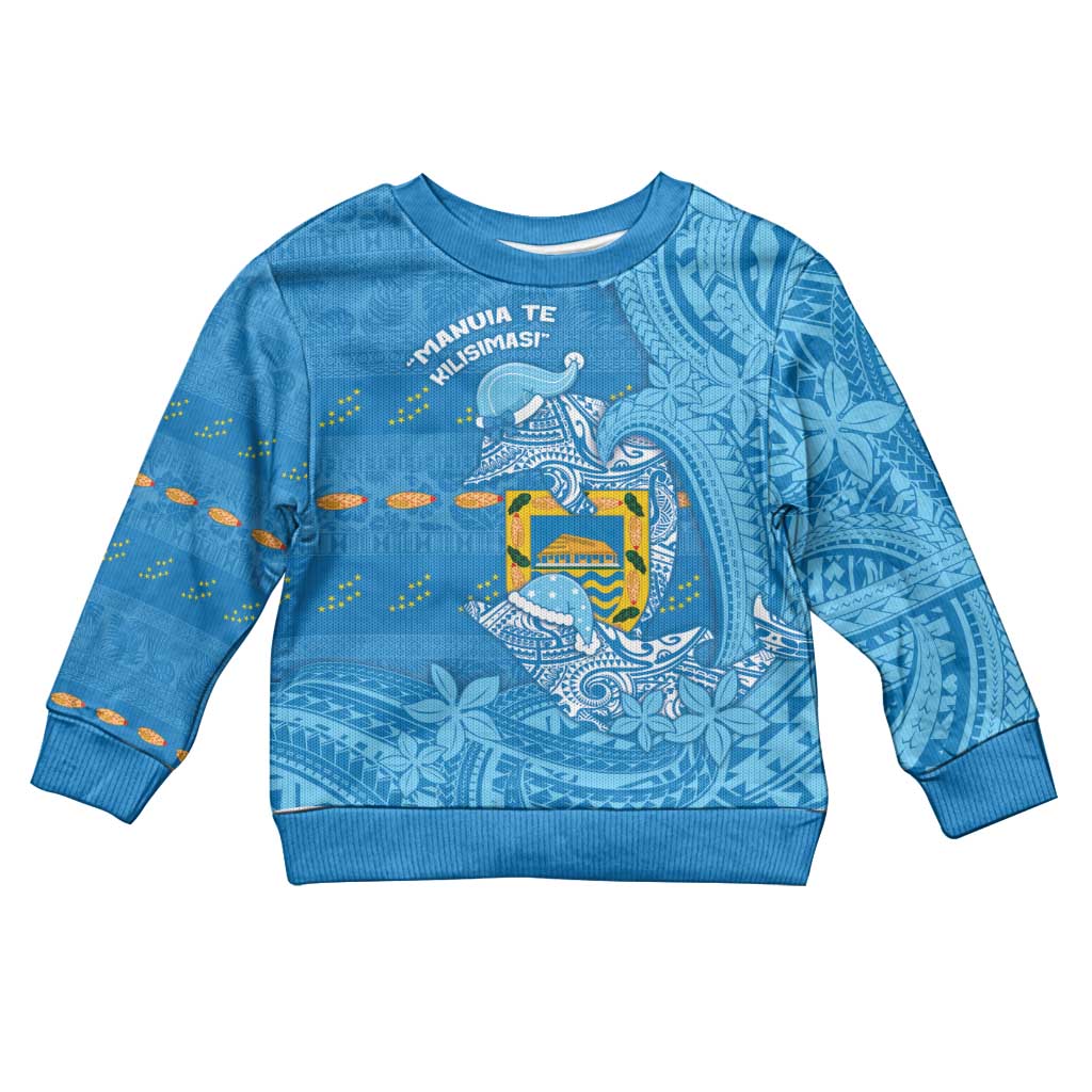 Tuvalu Christmas Kid Ugly Christmas Sweater Dolphins Santa Xmas Tribal Waves DT05 Kid Blue - Polynesian Pride