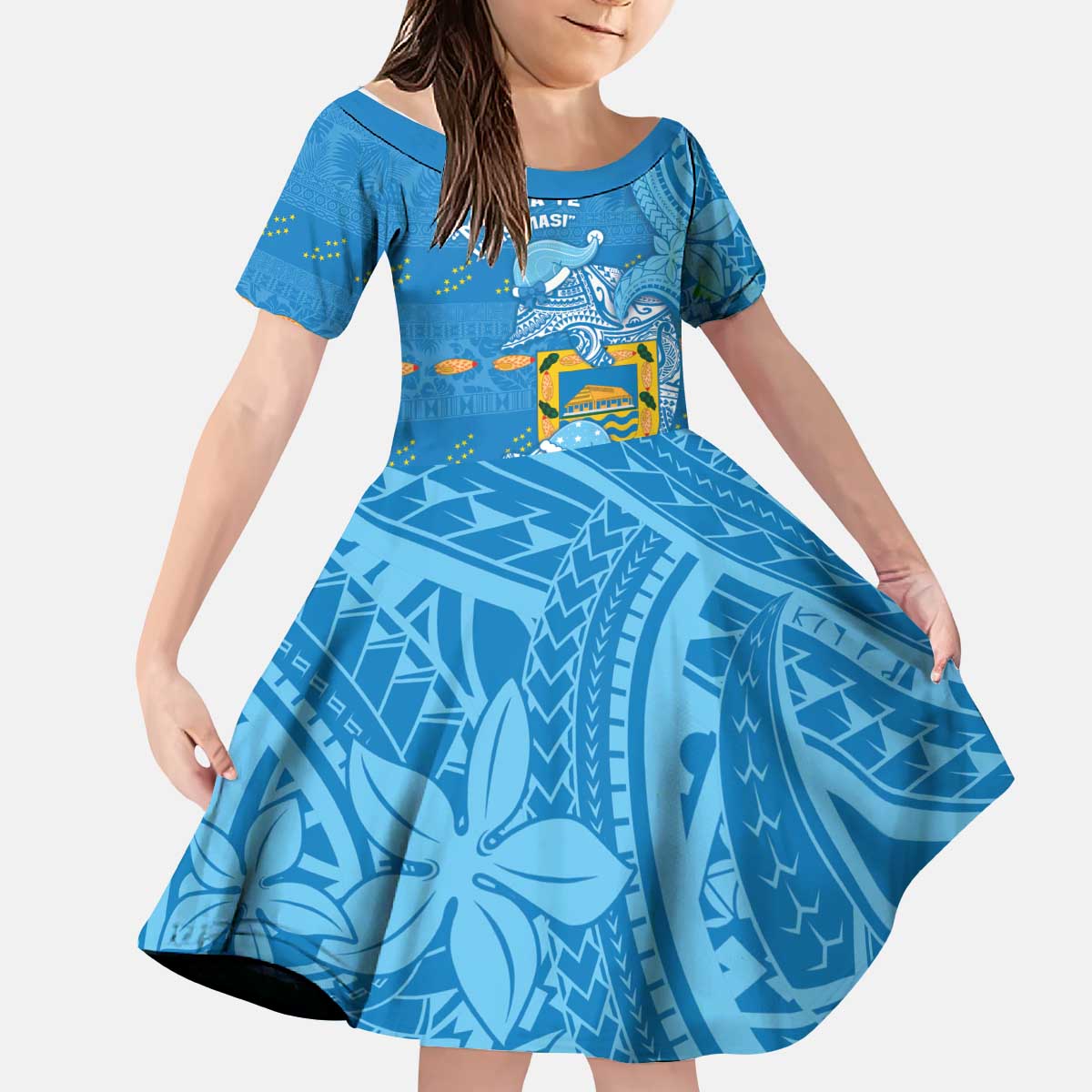 Tuvalu Christmas Kid Short Sleeve Dress Dolphins Santa Xmas Tribal Waves DT05 KID Blue - Polynesian Pride