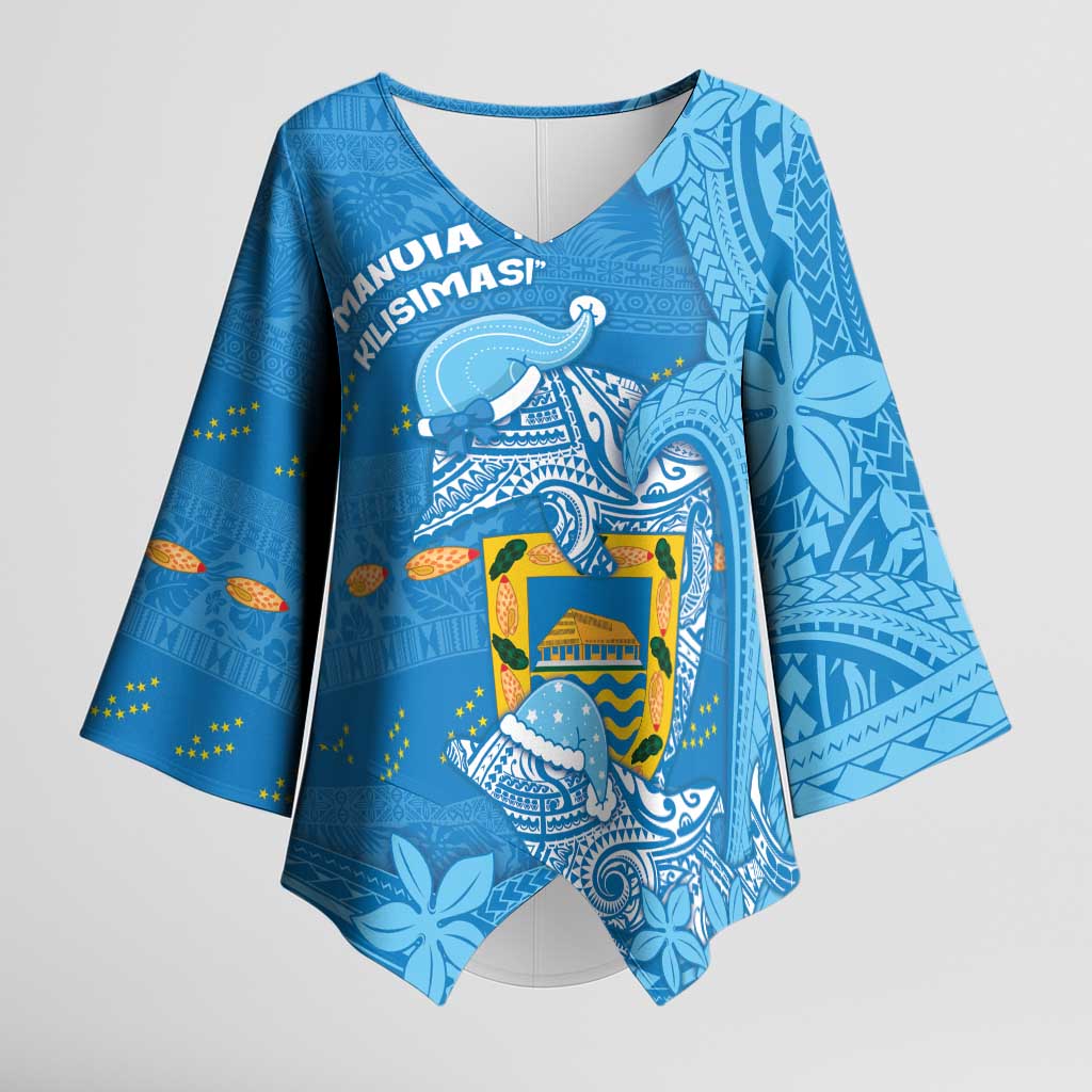 Tuvalu Christmas Kimono Sleeve Blouse Dolphins Santa Xmas Tribal Waves DT05 Female Blue - Polynesian Pride