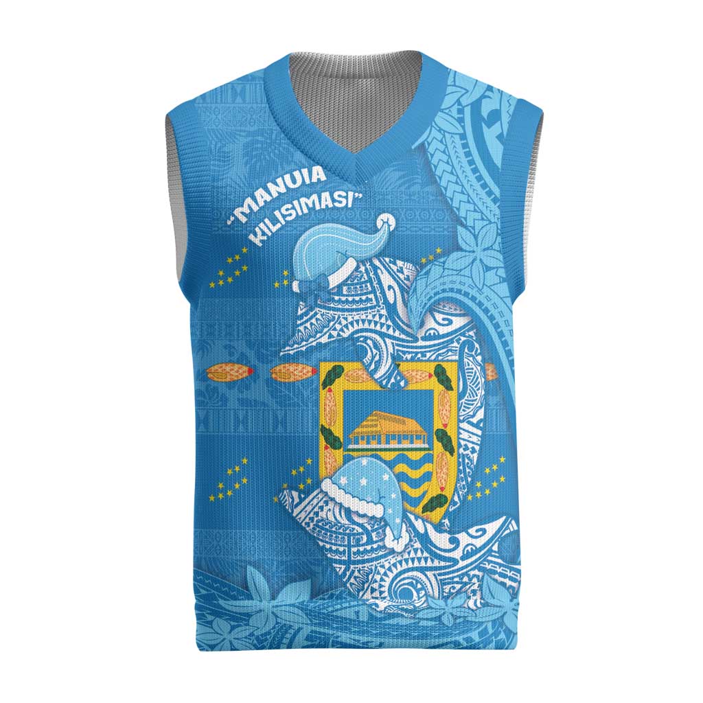 Tuvalu Christmas Knitted V-Neck Vest Dolphins Santa Xmas Tribal Waves DT05 Blue - Polynesian Pride