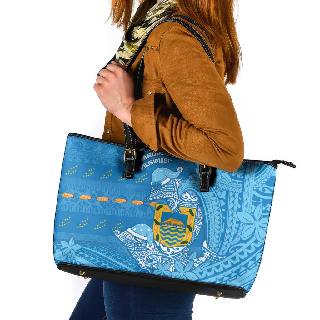 Tuvalu Christmas Leather Tote Bag Dolphins Santa Xmas Tribal Waves DT05 Blue - Polynesian Pride