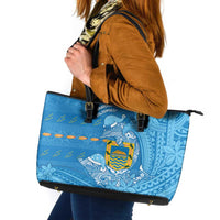 Tuvalu Christmas Leather Tote Bag Dolphins Santa Xmas Tribal Waves DT05 Blue - Polynesian Pride