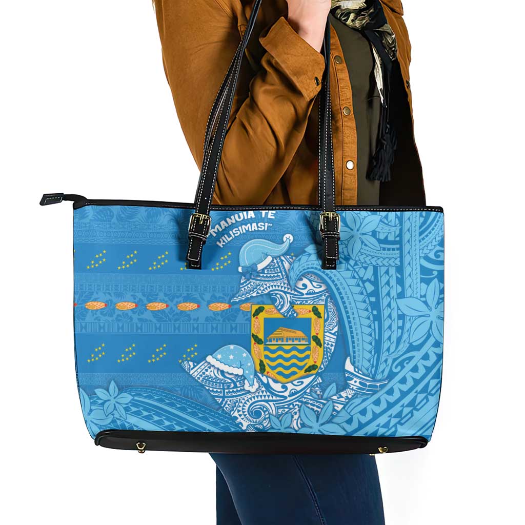 Tuvalu Christmas Leather Tote Bag Dolphins Santa Xmas Tribal Waves DT05 - Polynesian Pride