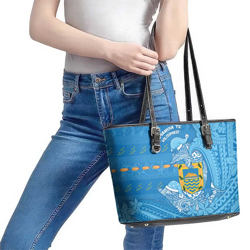 Tuvalu Christmas Leather Tote Bag Dolphins Santa Xmas Tribal Waves DT05 - Polynesian Pride