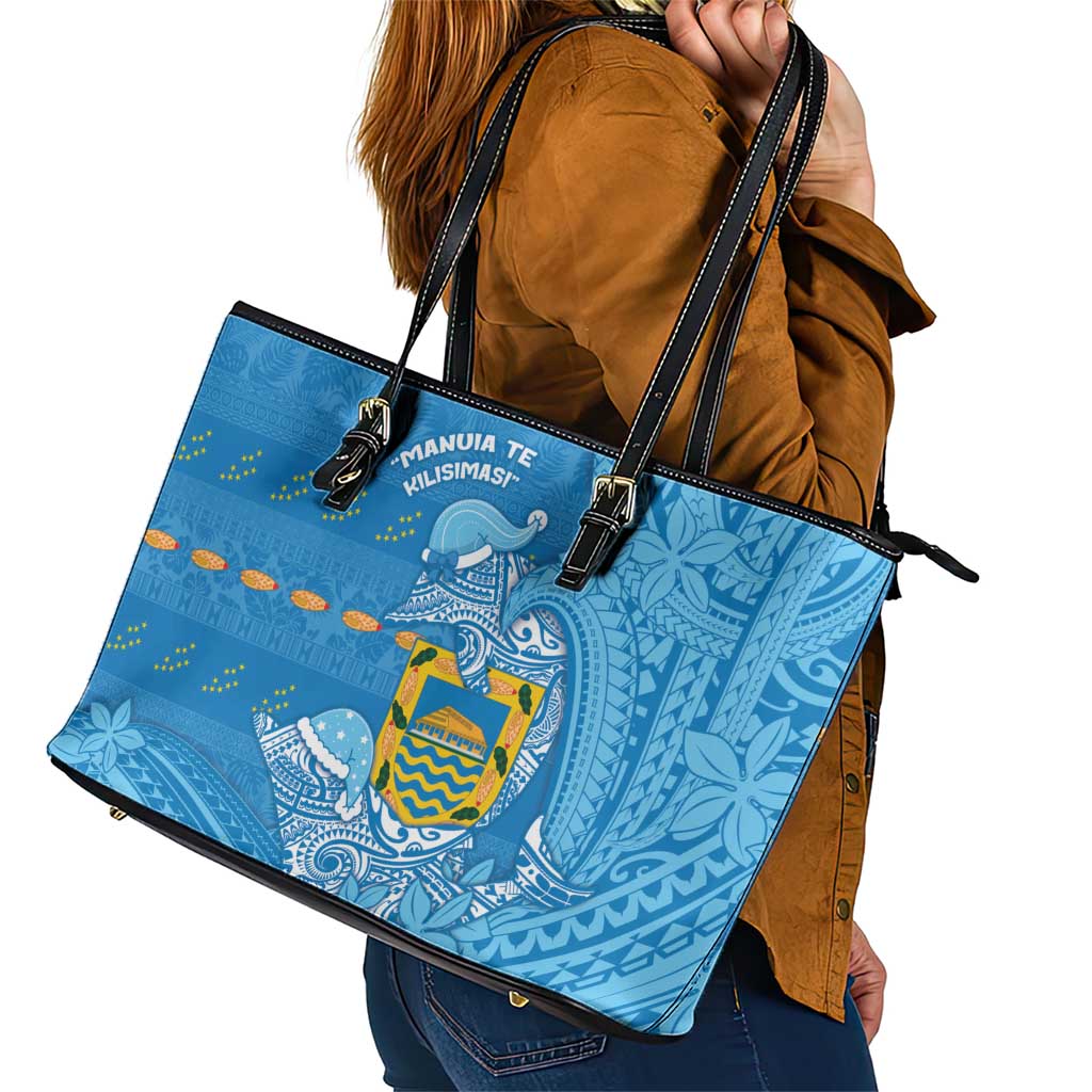 Tuvalu Christmas Leather Tote Bag Dolphins Santa Xmas Tribal Waves DT05 - Polynesian Pride