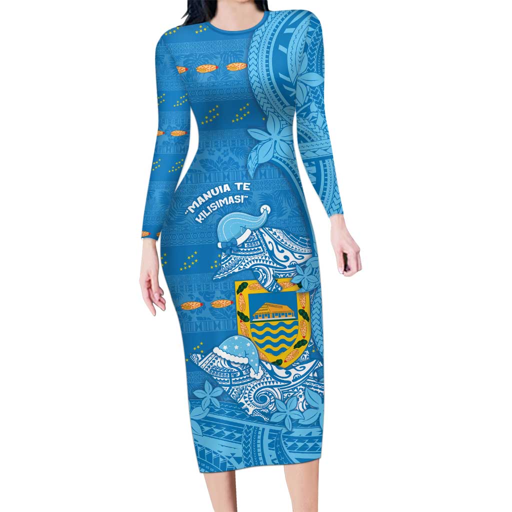 Tuvalu Christmas Long Sleeve Bodycon Dress Dolphins Santa Xmas Tribal Waves DT05 Long Dress Blue - Polynesian Pride