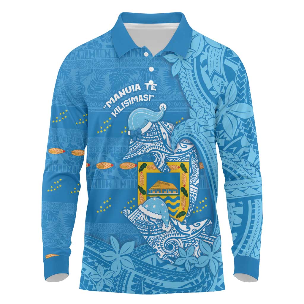 Tuvalu Christmas Long Sleeve Polo Shirt Dolphins Santa Xmas Tribal Waves DT05 Blue - Polynesian Pride