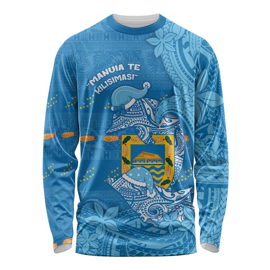 Tuvalu Christmas Long Sleeve Shirt Dolphins Santa Xmas Tribal Waves DT05 Unisex Blue - Polynesian Pride
