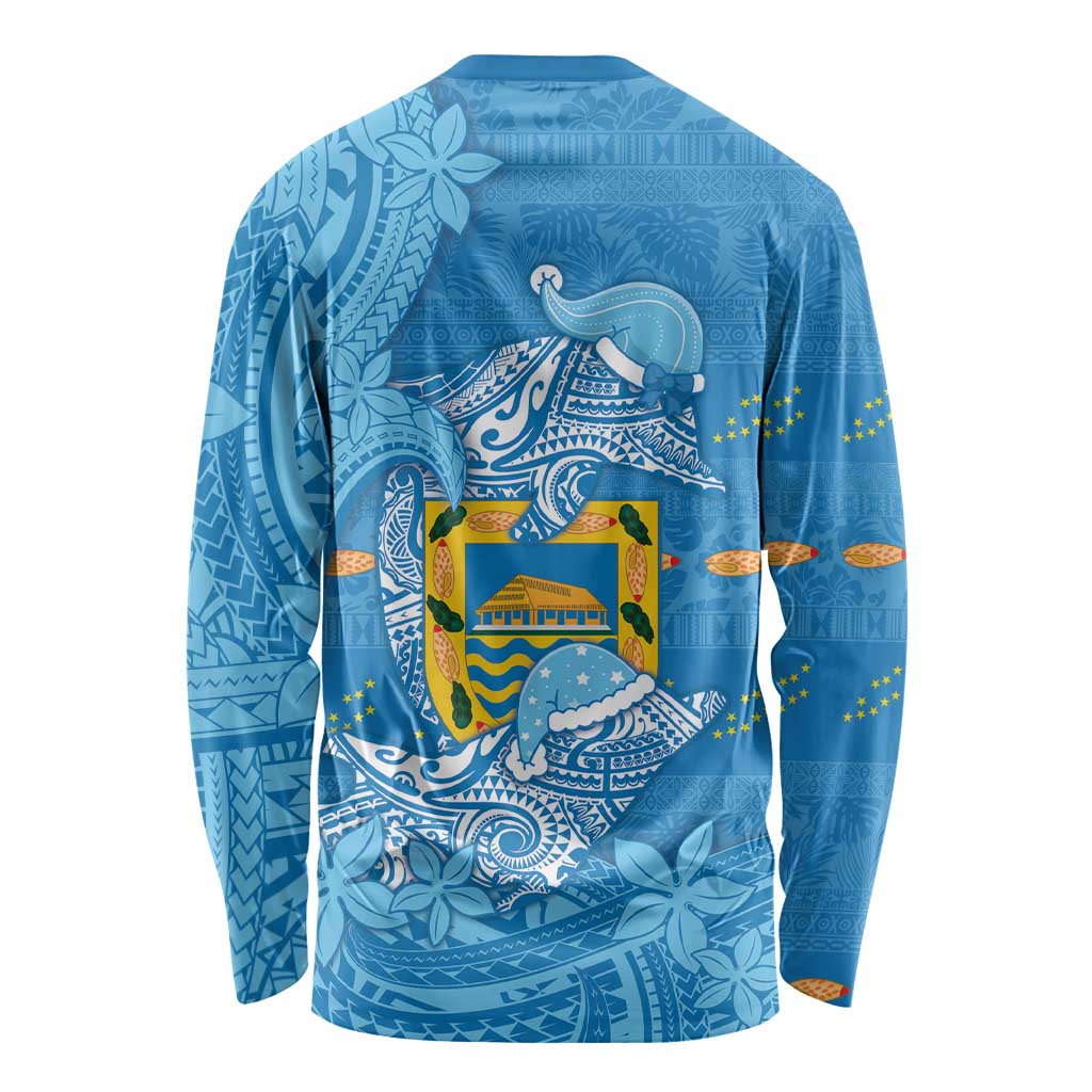 Tuvalu Christmas Long Sleeve Shirt Dolphins Santa Xmas Tribal Waves DT05 - Polynesian Pride