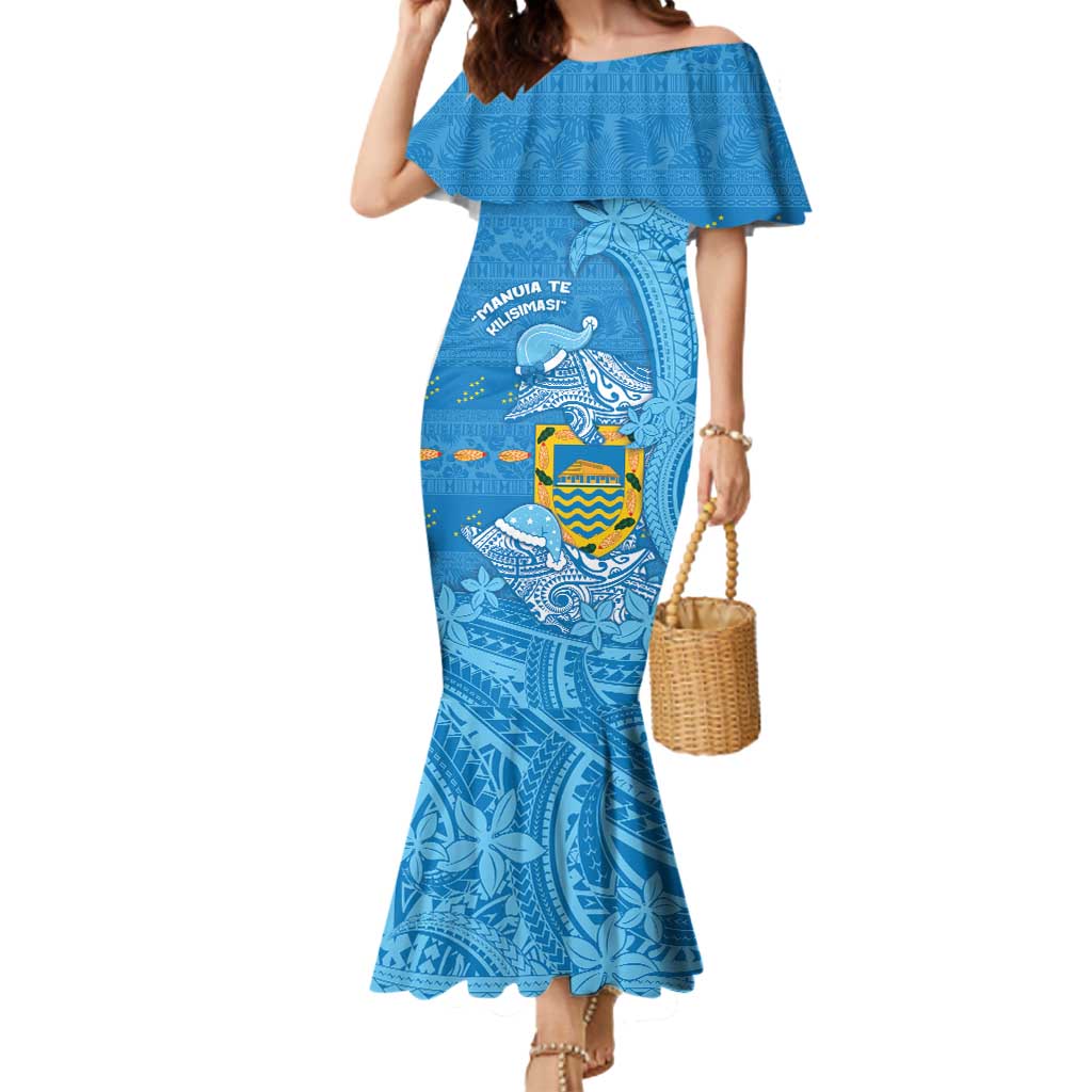 Tuvalu Christmas Mermaid Dress Dolphins Santa Xmas Tribal Waves DT05 Women Blue - Polynesian Pride