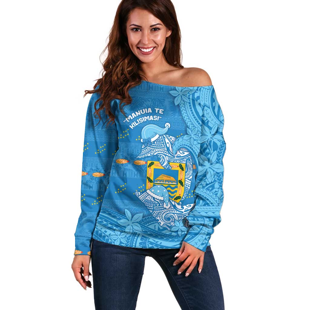 Tuvalu Christmas Off Shoulder Sweater Dolphins Santa Xmas Tribal Waves DT05 Women Blue - Polynesian Pride
