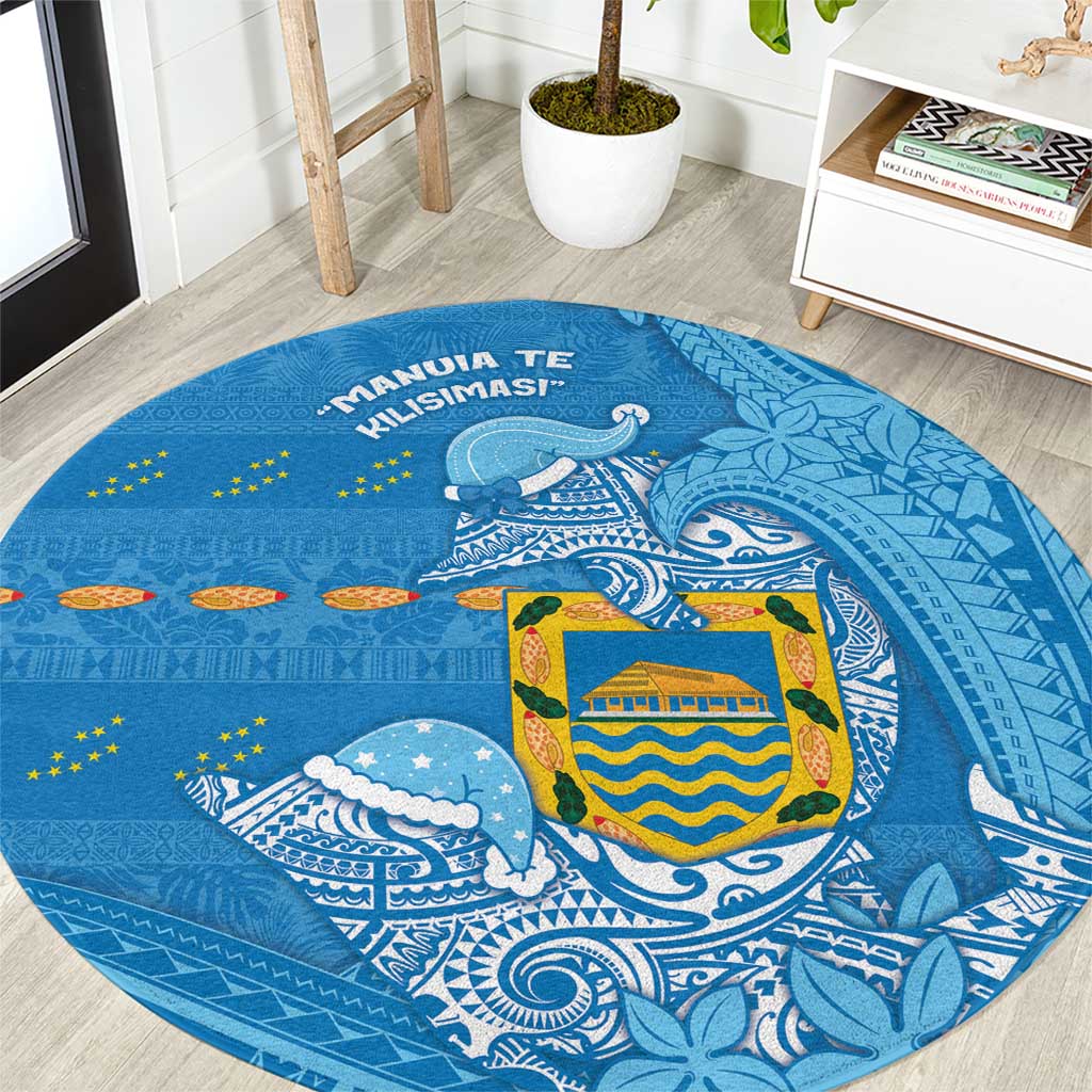 Tuvalu Christmas Round Carpet Dolphins Santa Xmas Tribal Waves DT05 Blue - Polynesian Pride