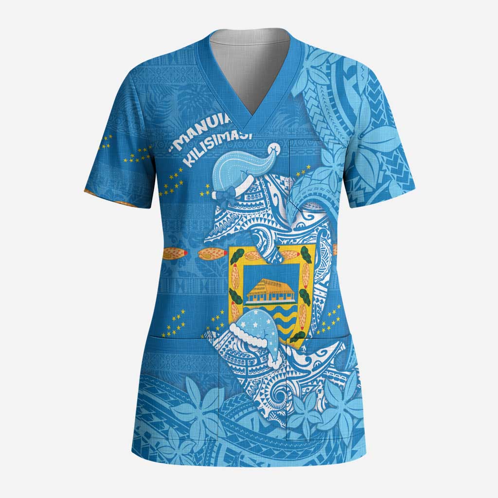 Tuvalu Christmas Scrub Top Dolphins Santa Xmas Tribal Waves DT05 Adult Blue - Polynesian Pride