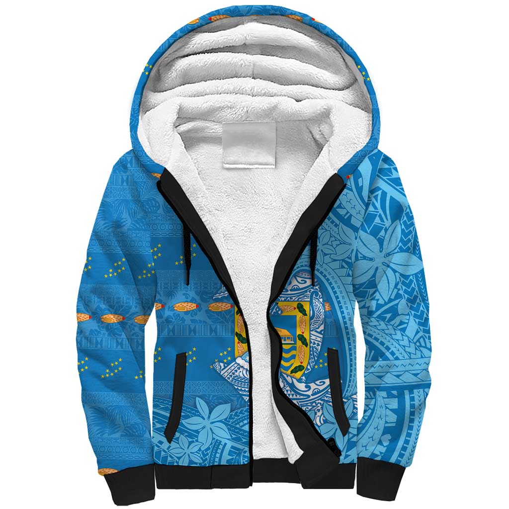 Tuvalu Christmas Sherpa Hoodie Dolphins Santa Xmas Tribal Waves DT05 Unisex Blue - Polynesian Pride