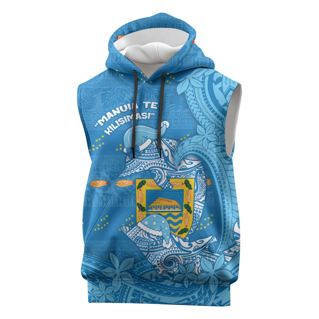 Tuvalu Christmas Sleeveless Hoodie Dolphins Santa Xmas Tribal Waves DT05 Blue - Polynesian Pride