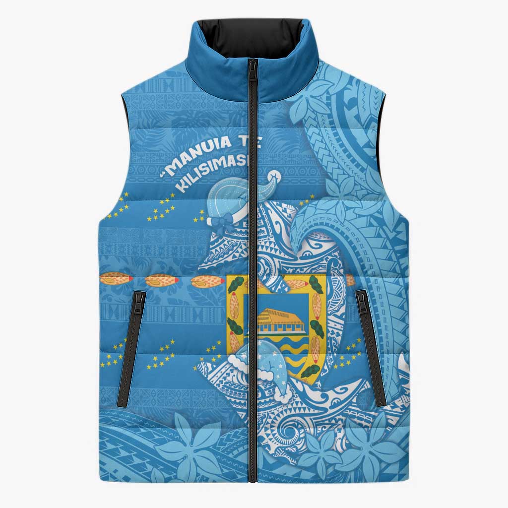 Tuvalu Christmas Sleeveless Puffer Jacket Dolphins Santa Xmas Tribal Waves DT05 Unisex Blue - Polynesian Pride