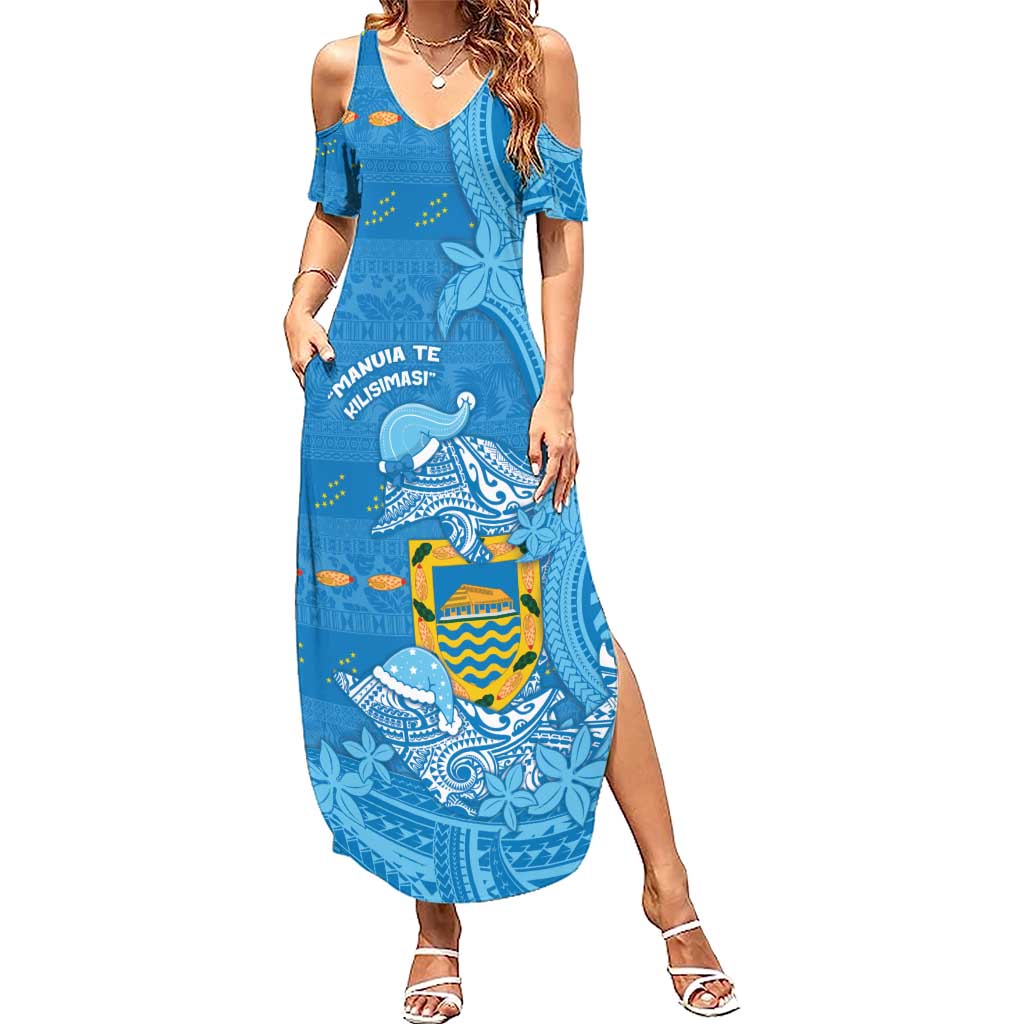Tuvalu Christmas Summer Maxi Dress Dolphins Santa Xmas Tribal Waves DT05 Women Blue - Polynesian Pride