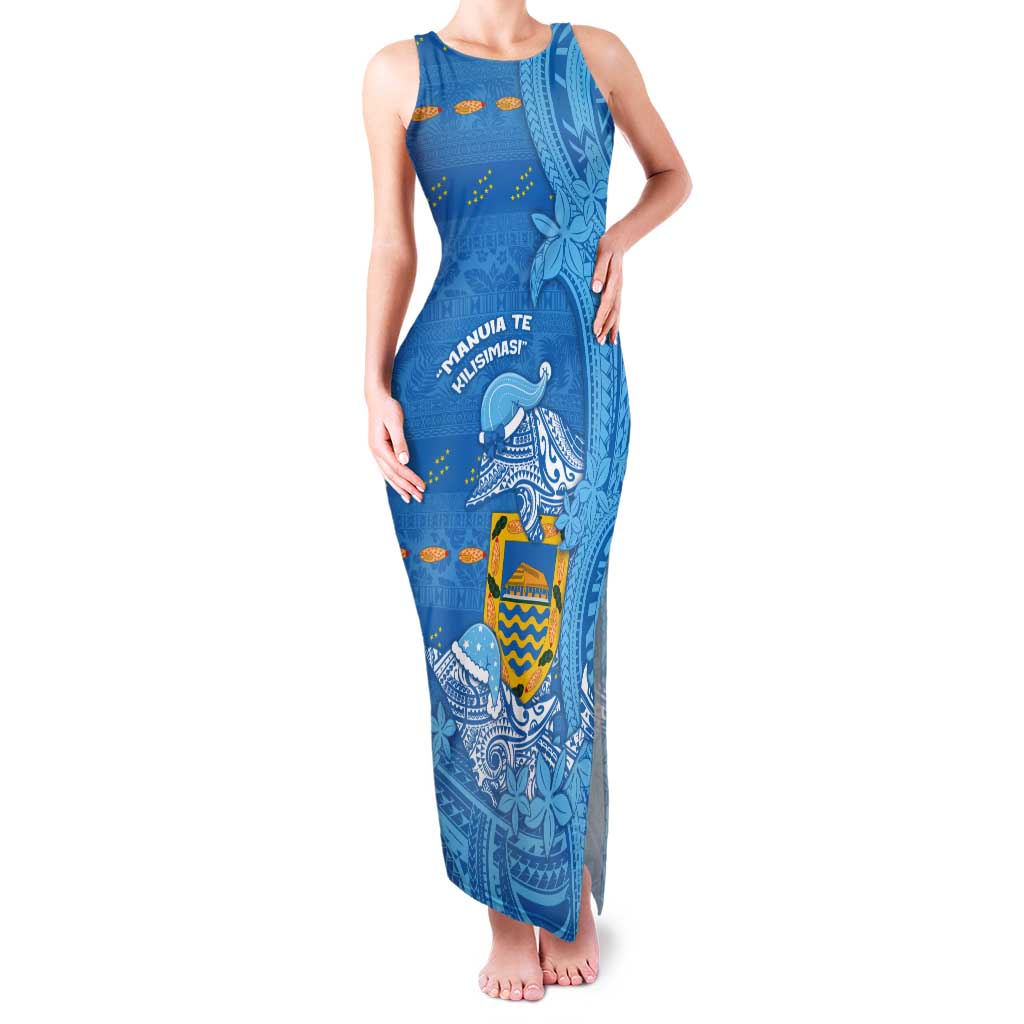 Tuvalu Christmas Tank Maxi Dress Dolphins Santa Xmas Tribal Waves DT05 Women Blue - Polynesian Pride