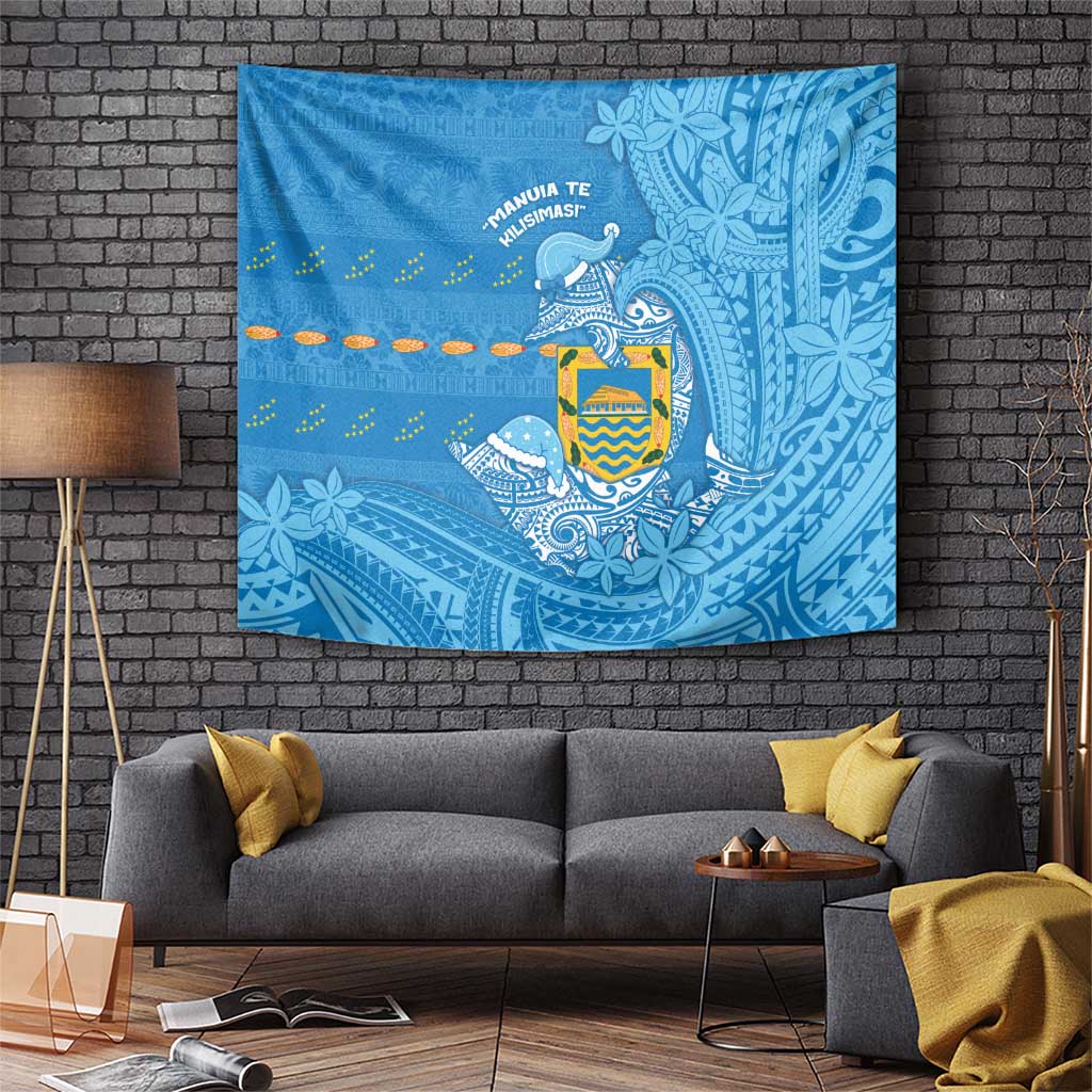 Tuvalu Christmas Tapestry Dolphins Santa Xmas Tribal Waves DT05 Blue - Polynesian Pride