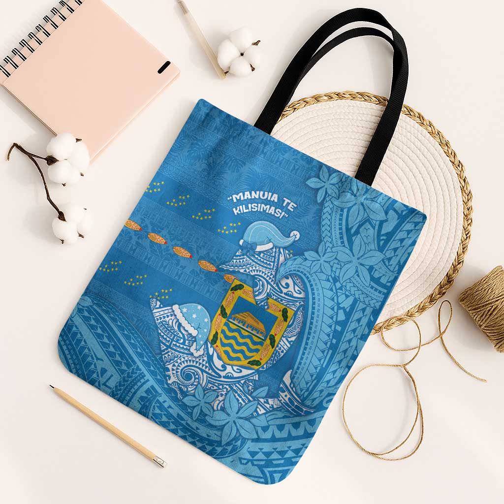 Tuvalu Christmas Tote Bag Dolphins Santa Xmas Tribal Waves DT05 Black Strap One Size Blue - Polynesian Pride