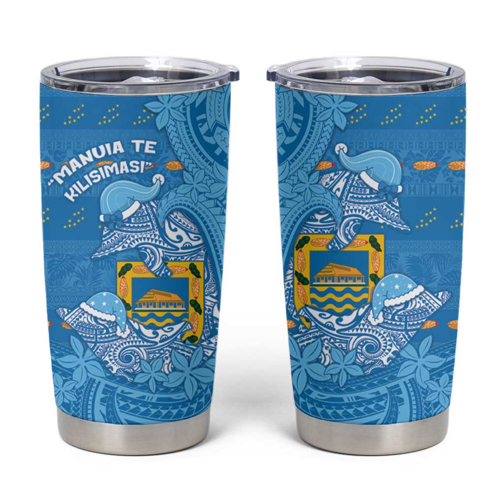 Tuvalu Christmas Tumbler Cup Dolphins Santa Xmas Tribal Waves DT05 Blue - Polynesian Pride