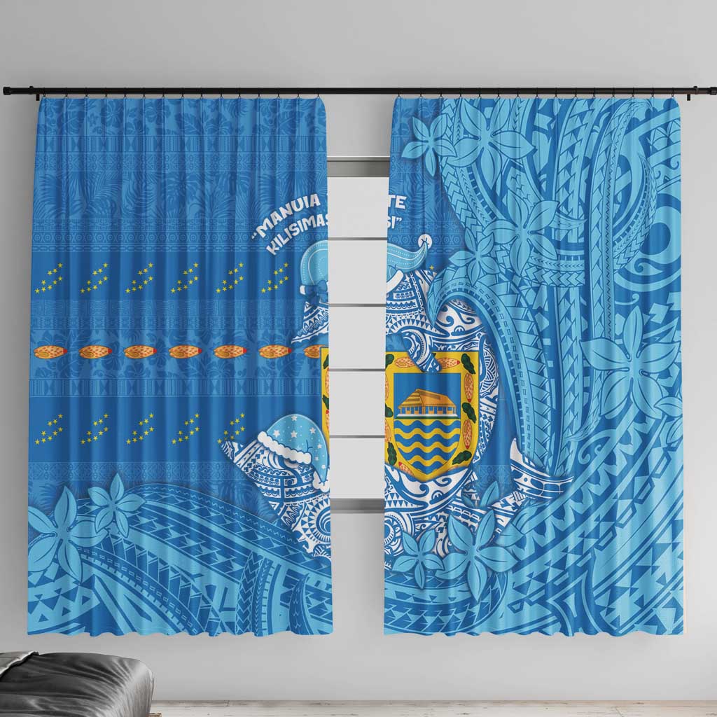 Tuvalu Christmas Window Curtain Dolphins Santa Xmas Tribal Waves DT05 With Hooks Blue - Polynesian Pride