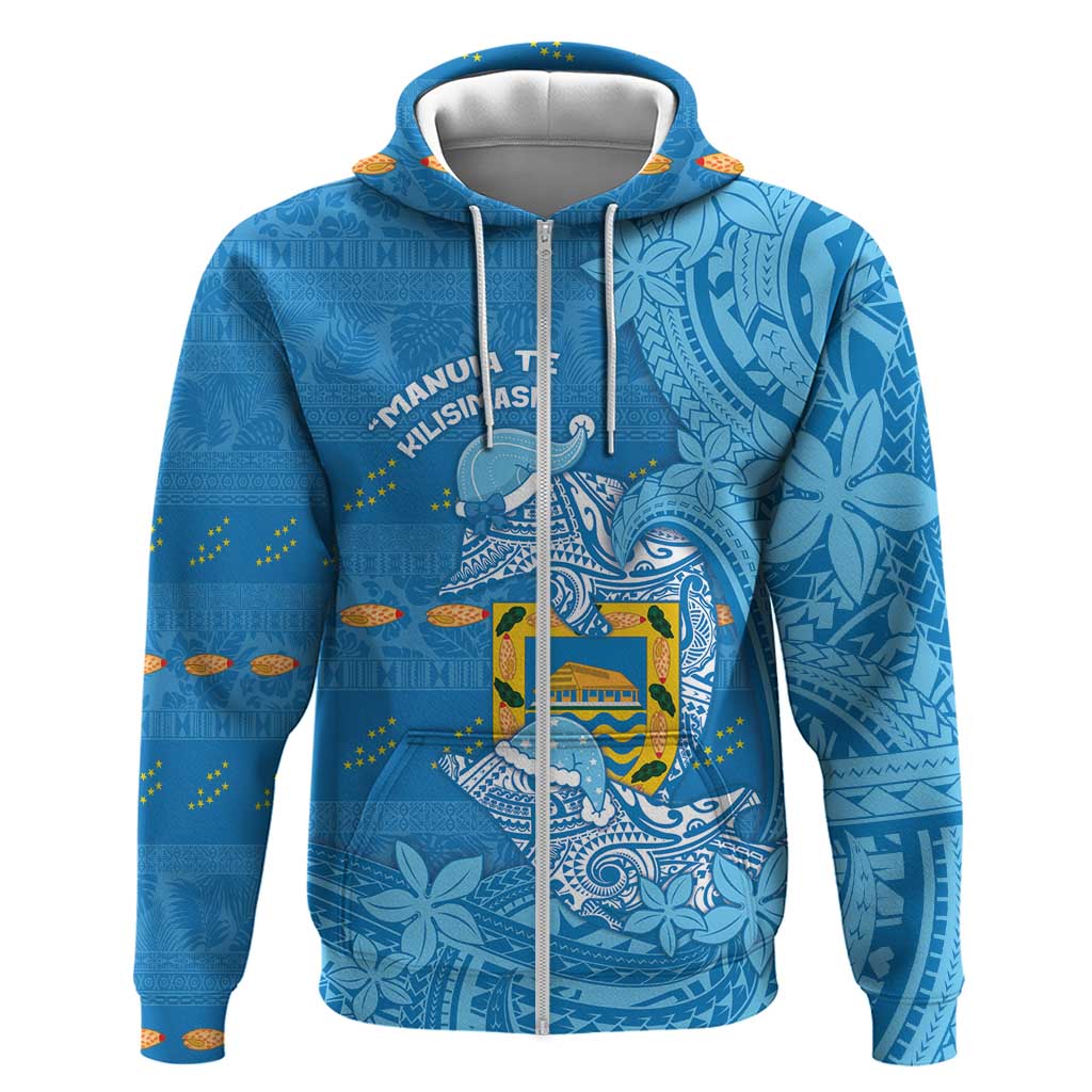 Tuvalu Christmas Zip Hoodie Dolphins Santa Xmas Tribal Waves DT05 Zip Hoodie Blue - Polynesian Pride