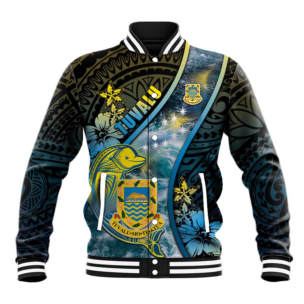 Personalised Tuvalu Baseball Jacket Dolphin On The Waves DT05 Unisex Blue - Polynesian Pride