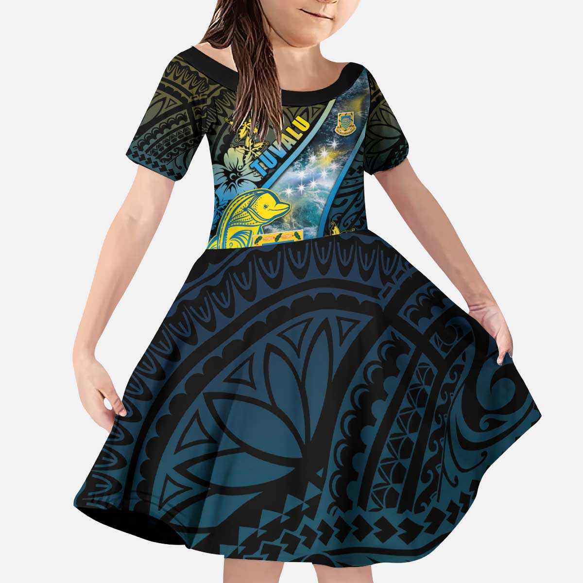 Personalised Tuvalu Kid Short Sleeve Dress Dolphin On The Waves DT05 KID Blue - Polynesian Pride